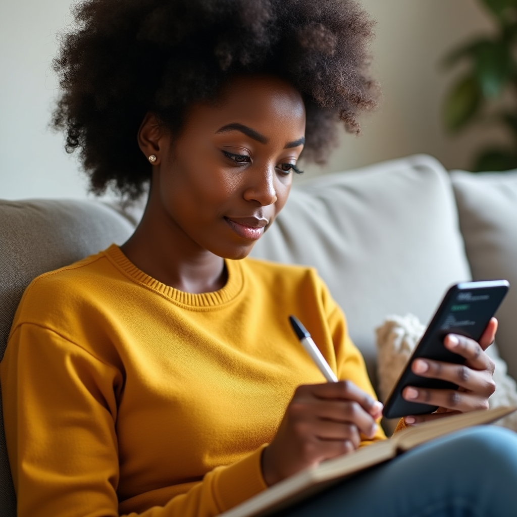 Persoană care face un check-in financiar simplu cu telefonul și un carnet